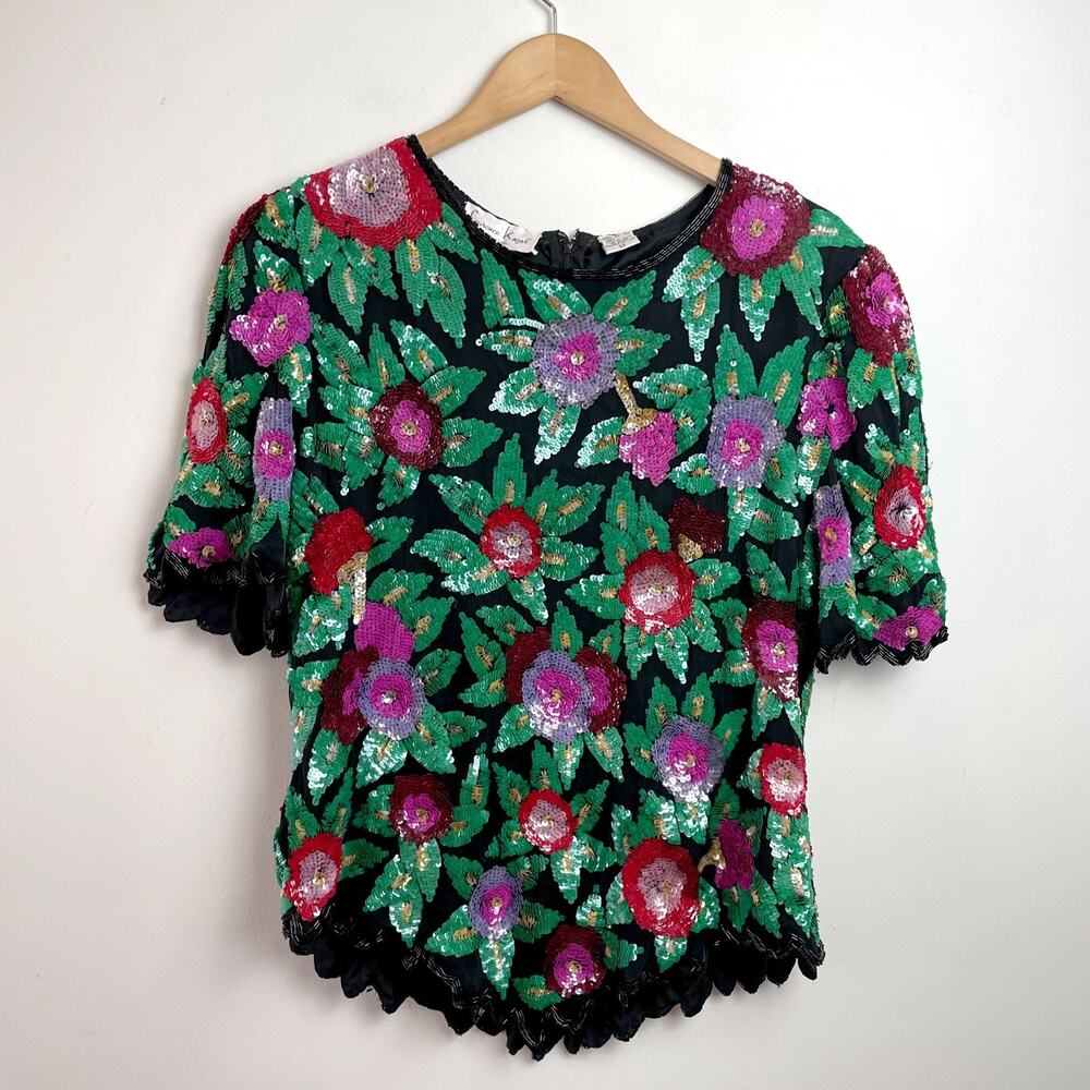 Vintage 80s Laurence Kazar Floral Beaded Silk‎ Top Sz 2X Sequins Maximalist Glam